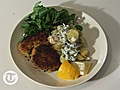 Crab cakes with potato salad and tartar sauce | BahVideo.com
